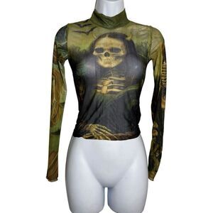 Trickz n Treatz Dolls kill  Mesh Long Sleeve Top Cursed Image Mona Lisa XXS